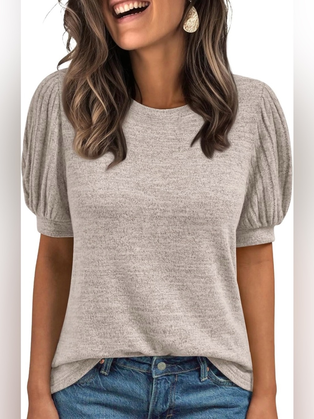 Khaki Color Puff-Sleeve Soft, Textured Top